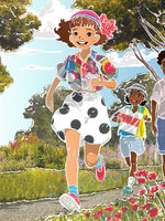 Illustration of children playing along a park path, with trees in the background and small red poppy-like wildflowers next to the path.