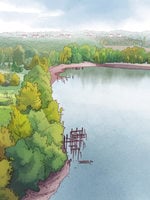 An illustration of Willamette Cove looking down from above the river. The image shows the curve along the land and the railroad bridge in the background.