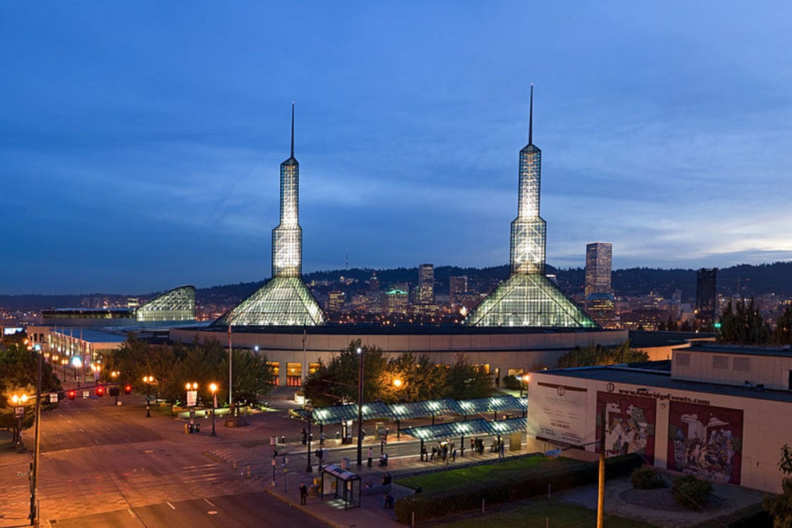 photo of the Oregon Convention Center towers at night