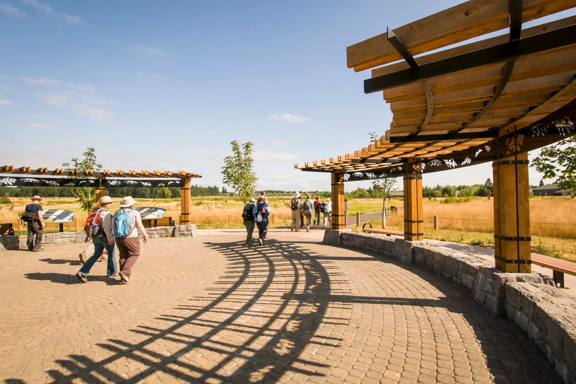 photo of Graham Oaks plaza and people