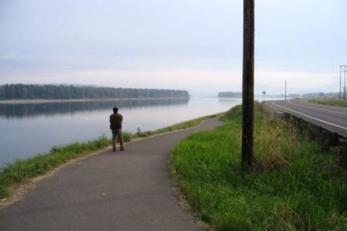 a photo of a person walking along the raised banks of the water