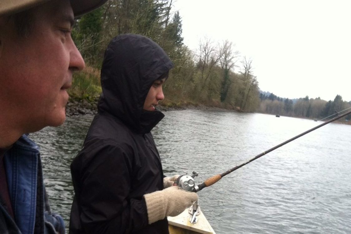 photo of Drake Butsch and son fishing on Clackamas