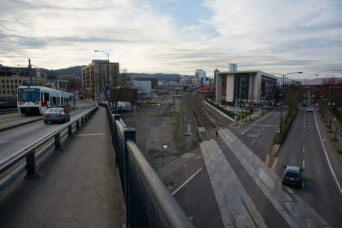 Downtown Portland bridge, railroad, road, MAX, car