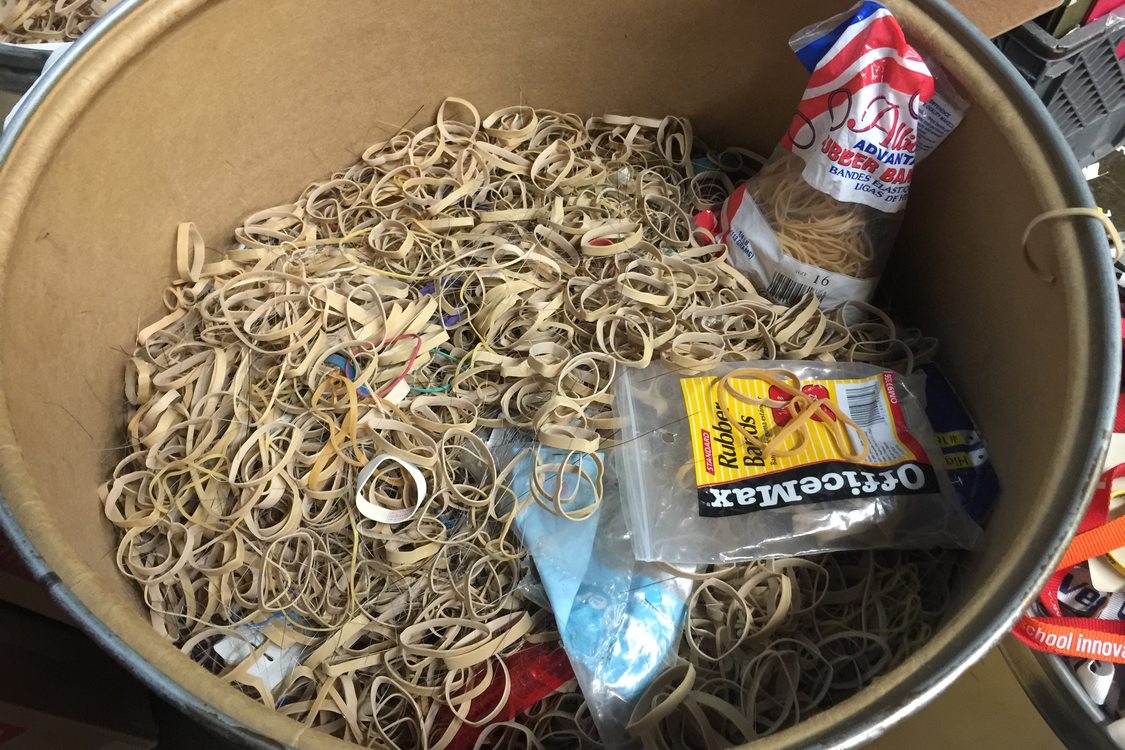bin of used rubber bands