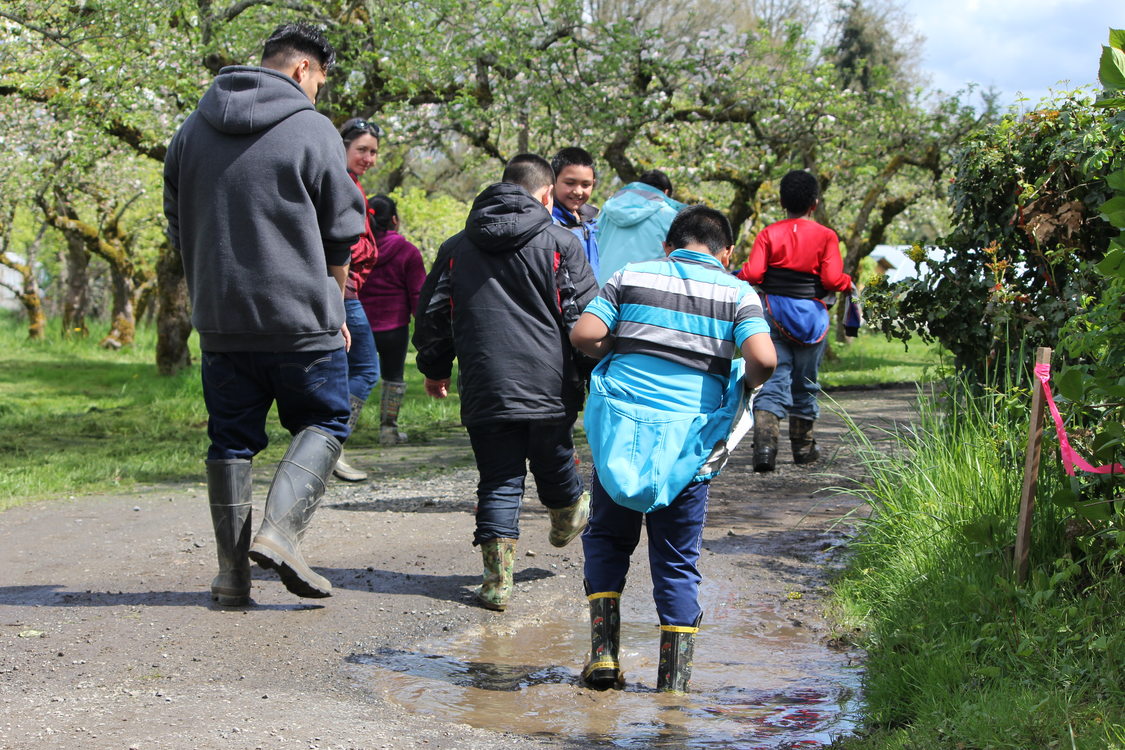 children wearing rubber boots walk along a puddle-filled dirt road at Sauvie Island Center