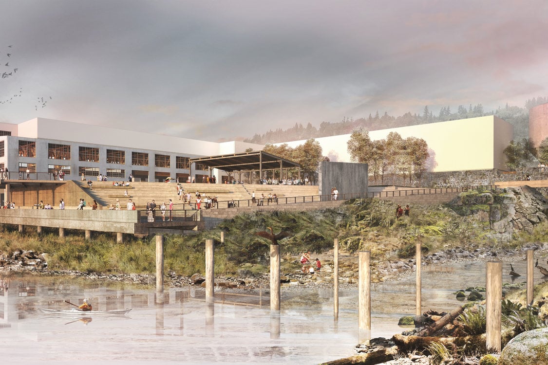 rendering of the Willamette Falls site showing the public yard gathering place and a restored alcove