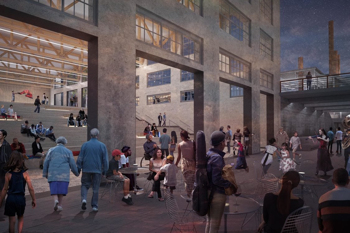 rendering of Willamette Falls public gathering space at Mill O