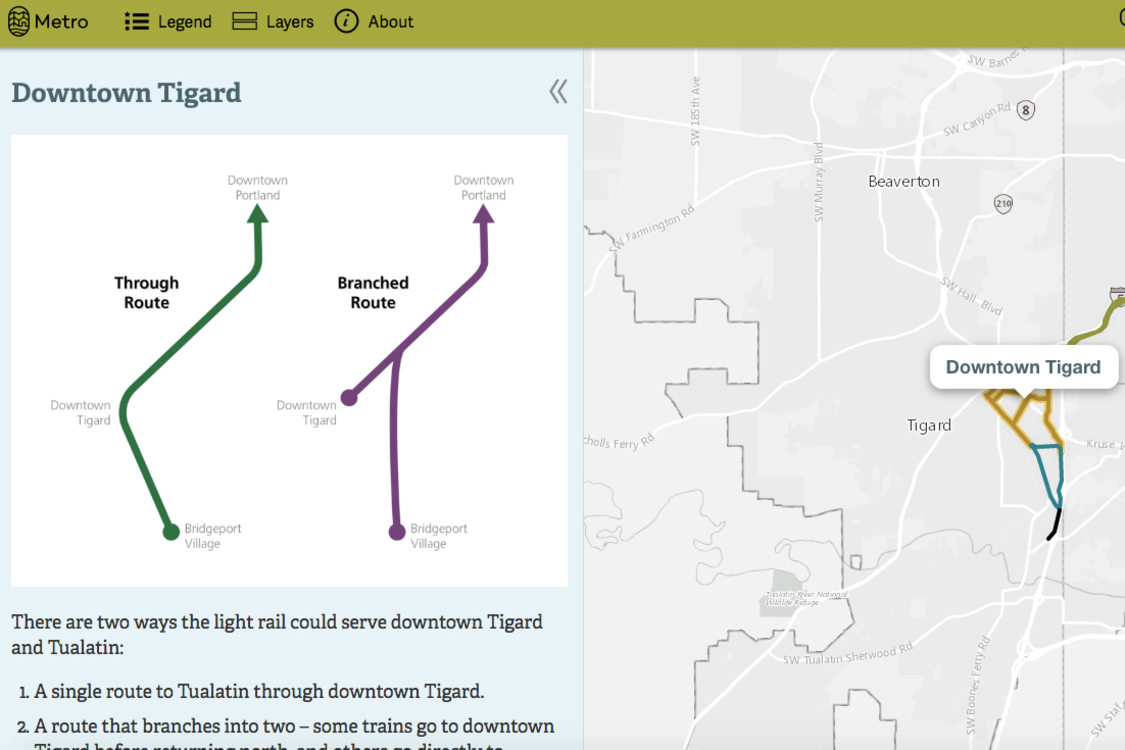 screenshot of interactive online map of Southwest Corridor route options