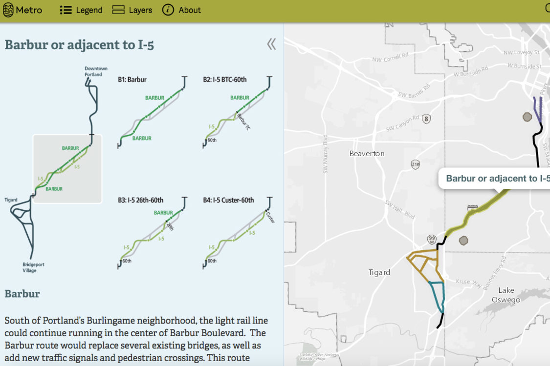 screenshot of interactive online map of Southwest Corridor route options