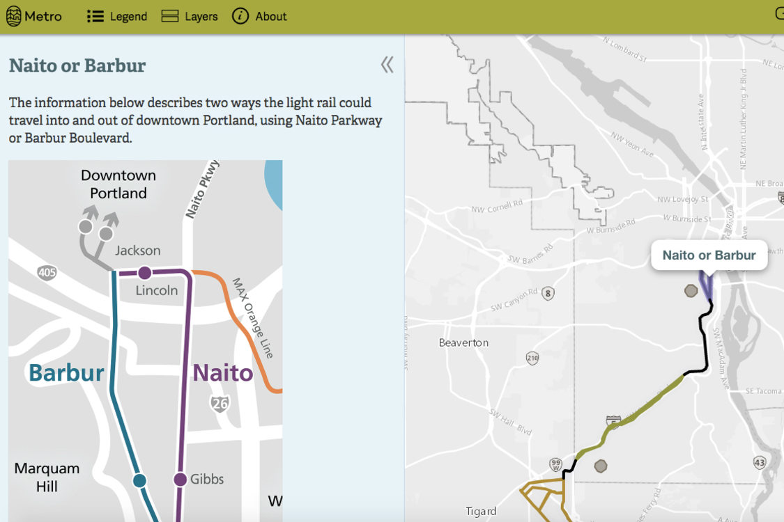 screenshot of interactive online map of Southwest Corridor route options