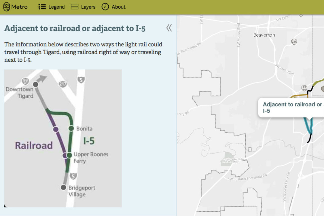 screenshot of interactive online map of Southwest Corridor route options