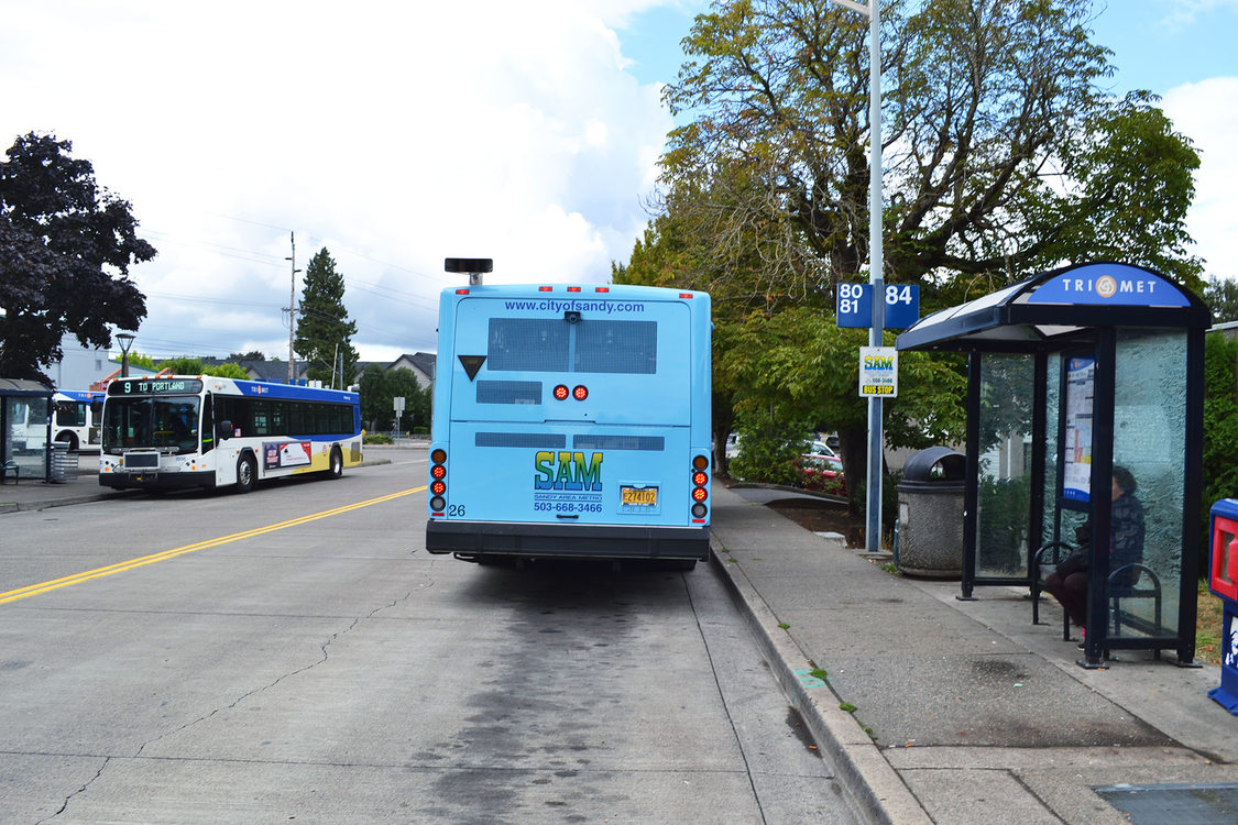 buses at bus stops on each side of the street