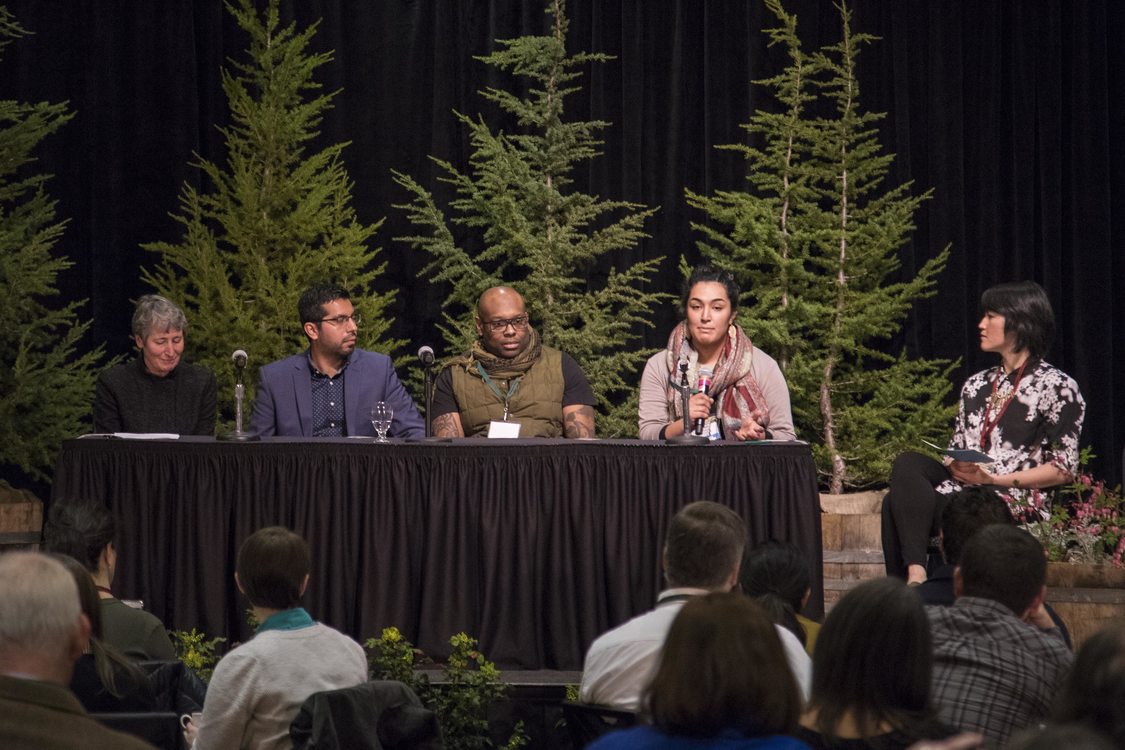 Punneh Abdolhosseini, a nature educator at Metro, discusses her work teaching children, particularly children of color, about nature. She is joined, from left to right, by Sally Jewel, Jorge Guzman, Chad Brown and Ellen Wyoming.