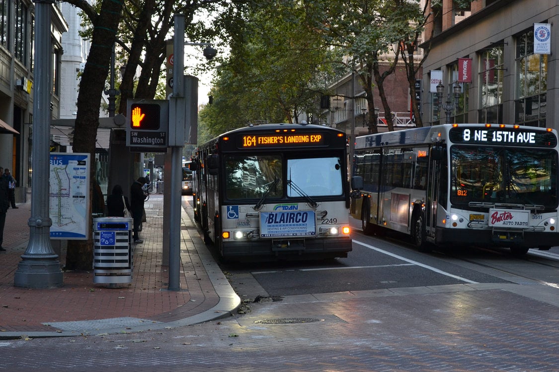 a C-TRAN bus at a bus stop in downtown Portland