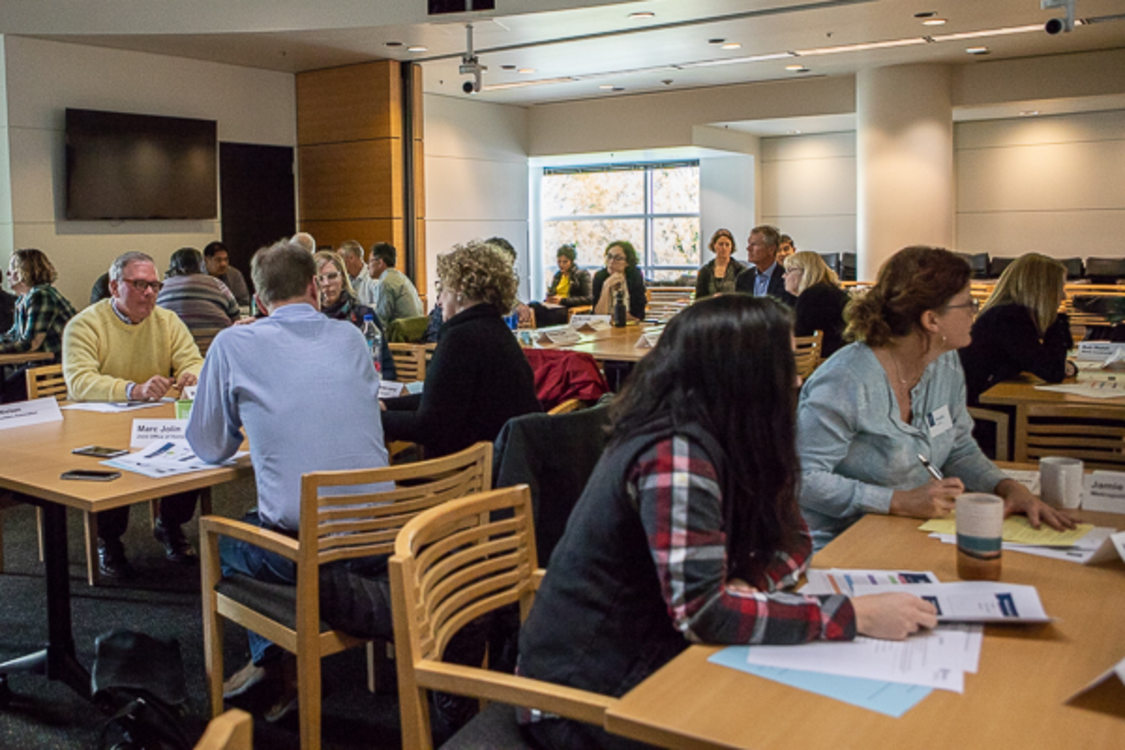 A small group discussion at the April 16 meeting of Metro's housing bond stakeholder advisory group