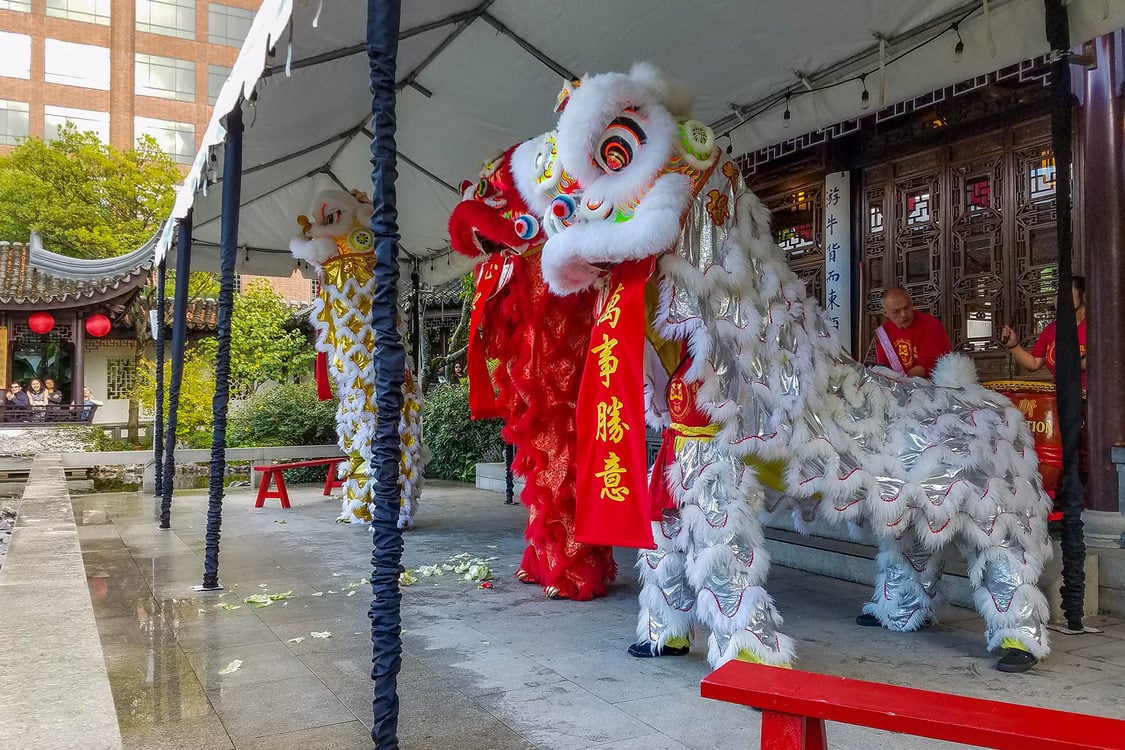 Chinese dragon dancers at Lan Su Chinese Garden get ready to perform