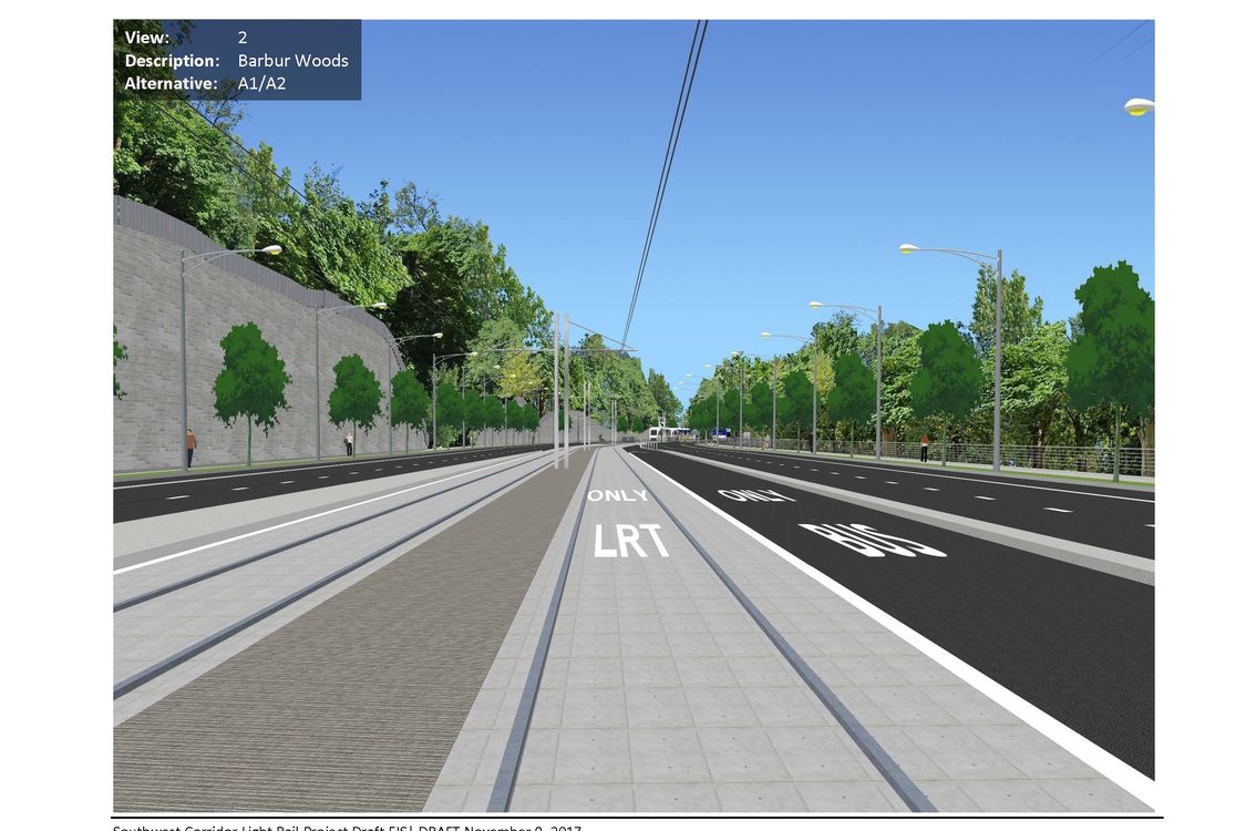 A computer-simulated image of what Barbur Boulevard near Barbur Woods would look like with a light rail lane down the middle. 