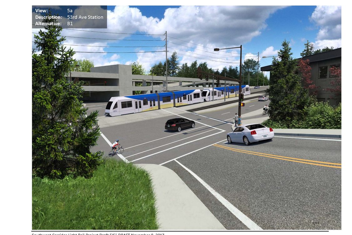 A computer-simulated image of Southwest 53rd Avenue with a light rail station and a train in the background.