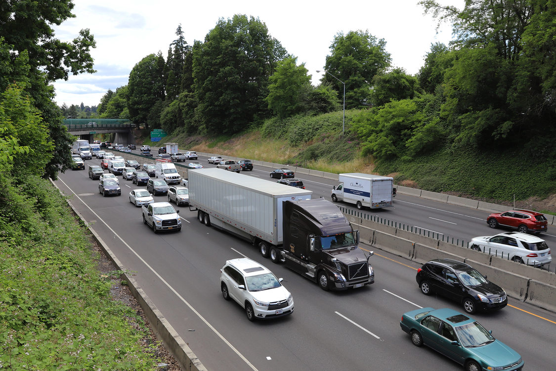 A truck travels north on Interstate 5