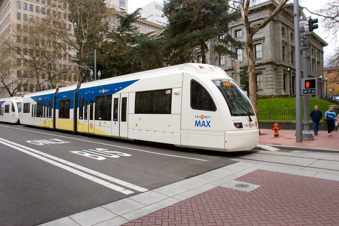 A MAX train on SW 5th Avenue in downtown Portland