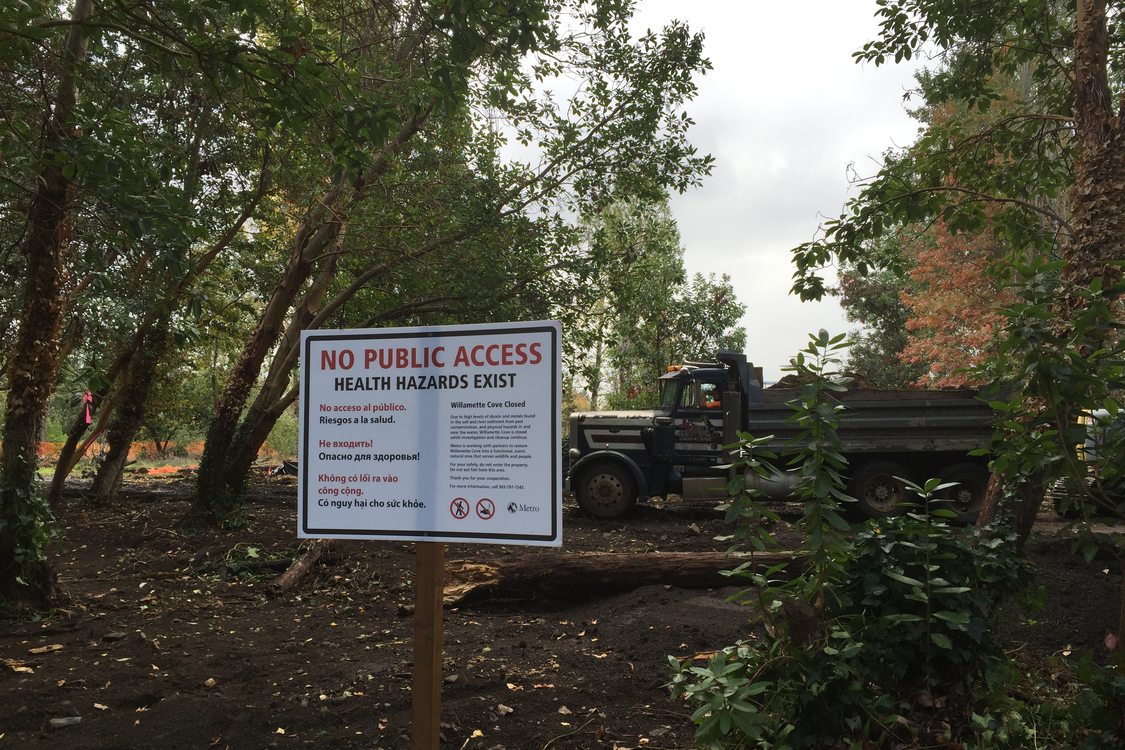 A sign reads 'No Public Access' at the Willamette Cove property