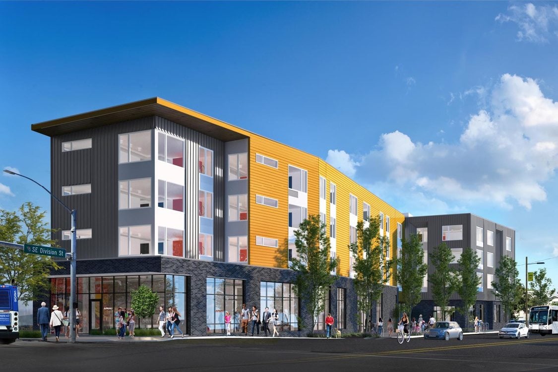 a rendering of a new apartment building at the corner of Southeast 82nd Avenue and Division Street