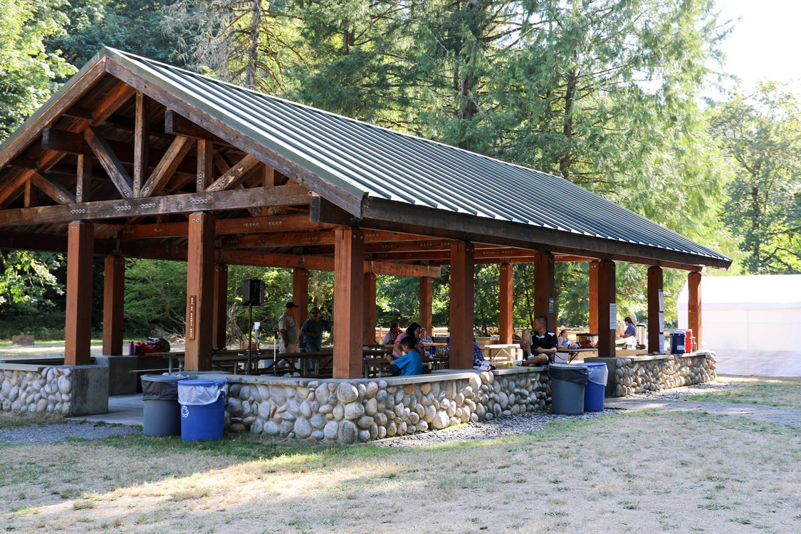 people hanging out under shelter at park