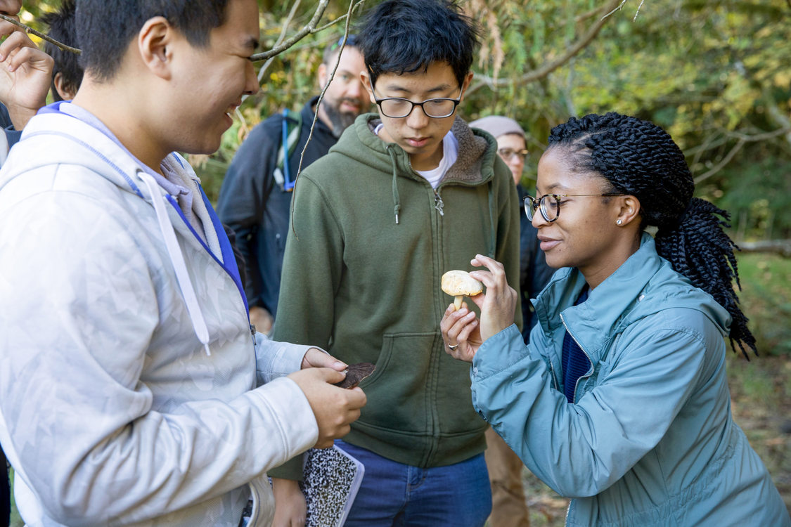 woman showing two men a mushroom