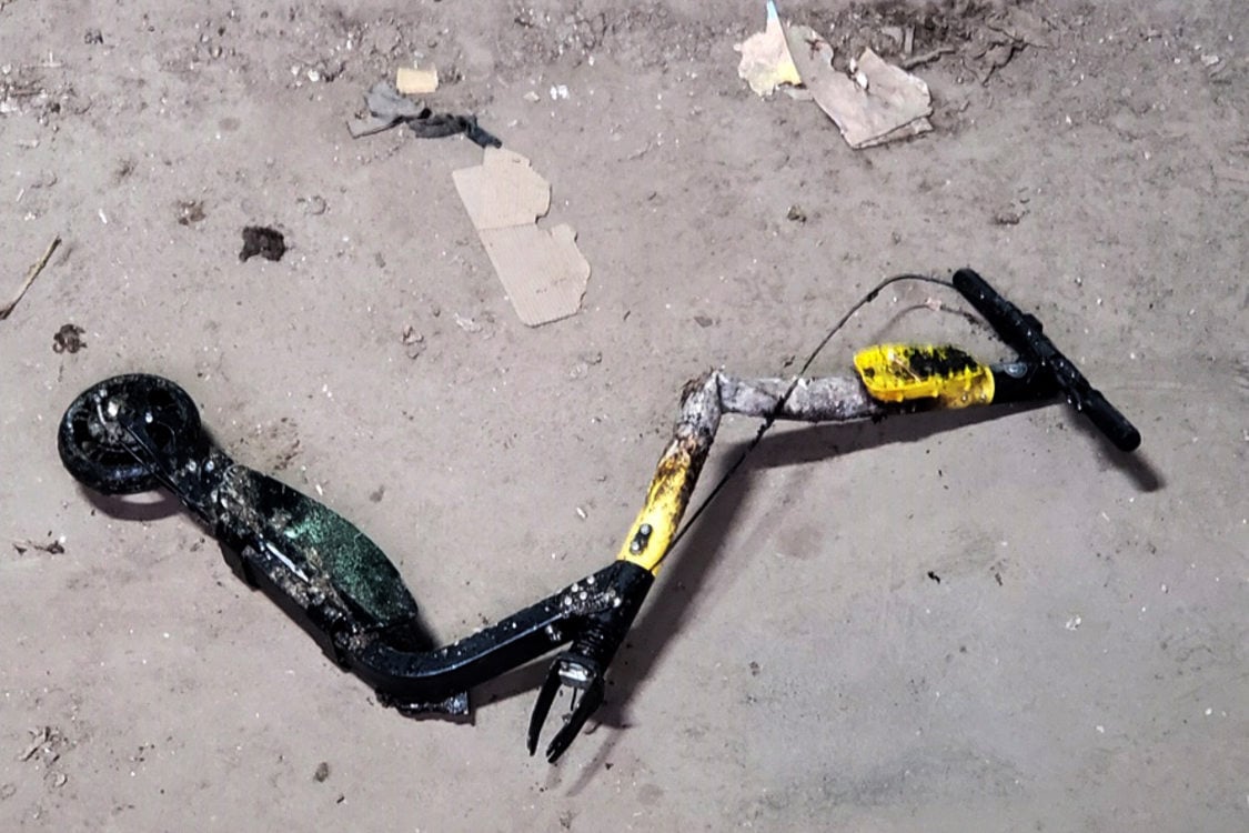 A close up look at the broken, mangled scooter that started a fire at Metro South transfer station