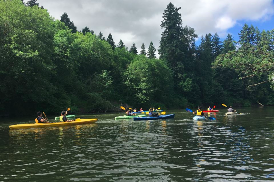 Five kayaks full of people float in the background of the image of a waterway surrounded by green trees and vegetation.