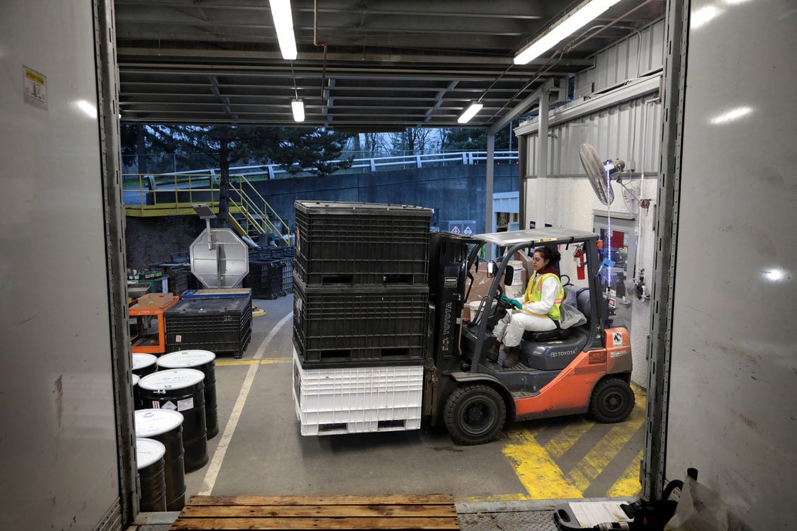 Annelise Tuitavuki drives a forklift at the Metro South Hazardous Waste Facility