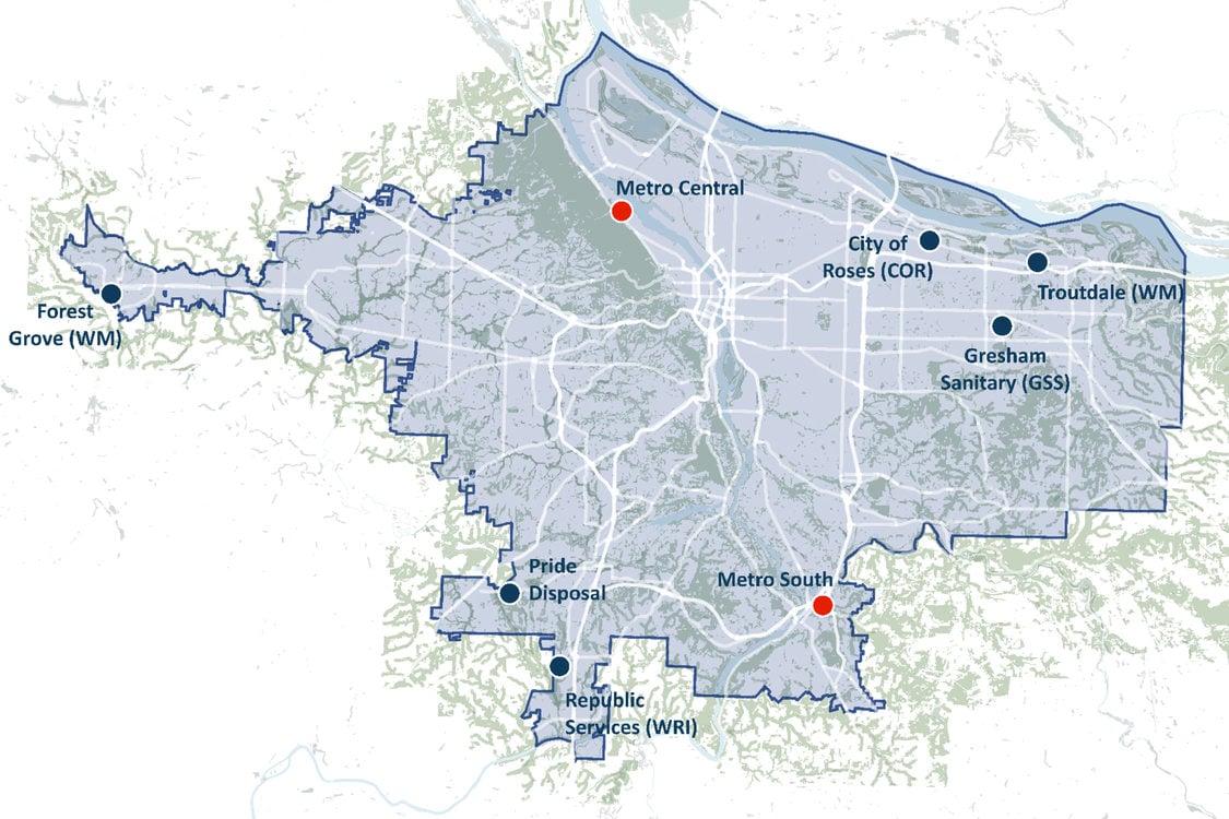 map of greater Portland showing locations of Metro transfer stations