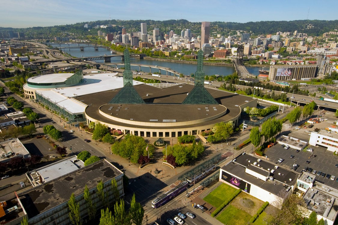 An aerial view of the Oregon Convention Center