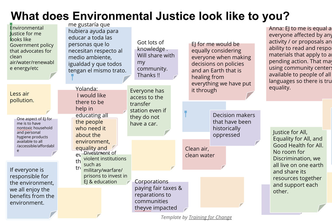 A zoom sticky note exercise showing the values of the future metro south community advisory group