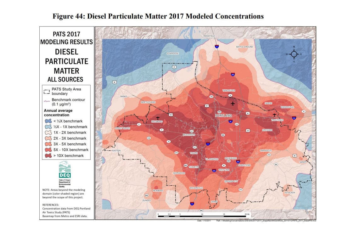 Map of diesel particulate matter concentrations in greater Portland