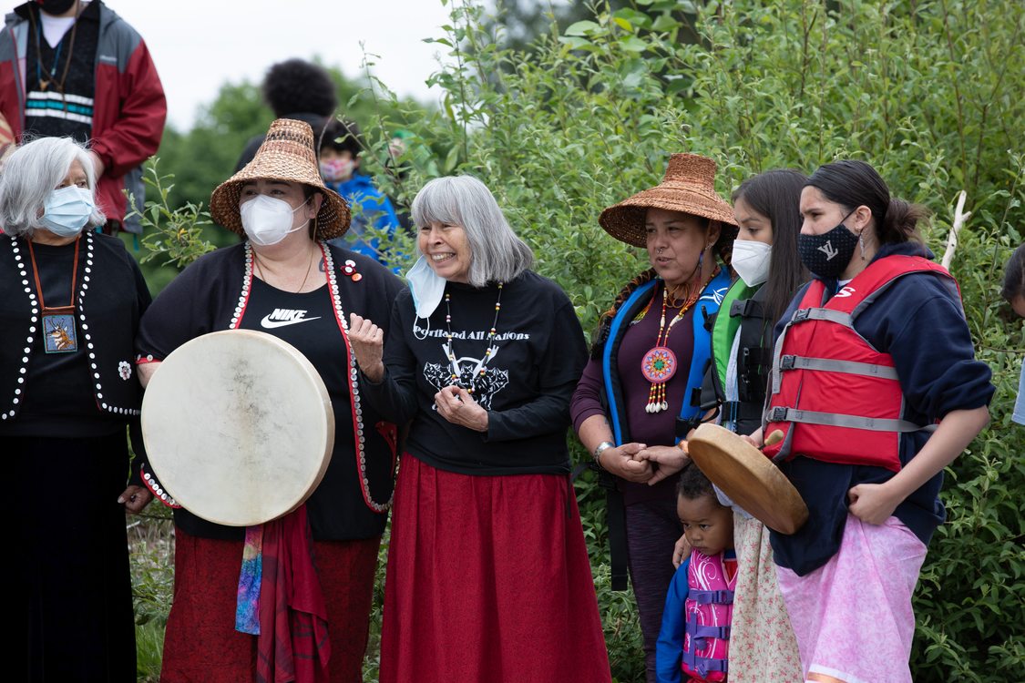 Portland All Nations Canoe Family gathered at Chinook Landing