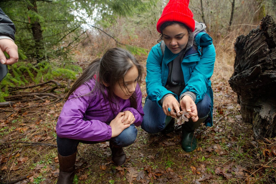 Two young people in brightly-colored rain jackets crouch down to examine the fallen leaves and acorns of a native oak at Chehalem Ridge Nature Park