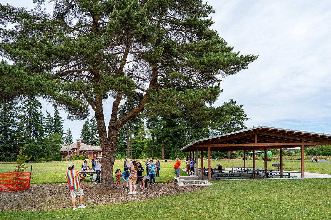 A child swings at a piñata hanging from a large tree. A group of children and adults stands behind them. A picnic shelter is next to the tree and a large lawn surrounds the group.