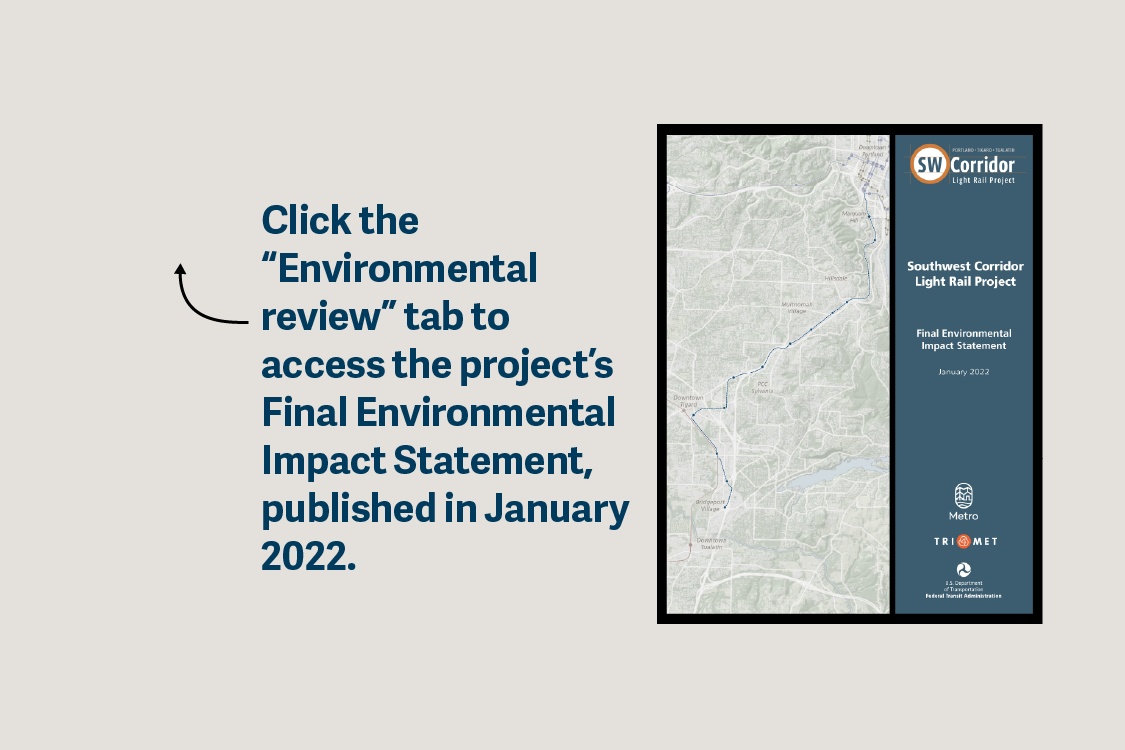 Graphic telling readers to click the environmental review tab to access the Southwest Corridor Final Environmental Impact Statement, which was published in January 2022