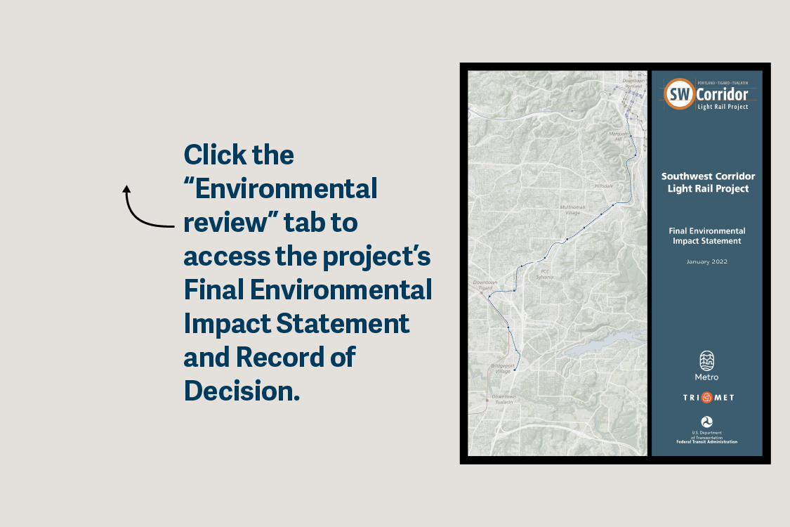 A graphic asking readers to click the Environmental Review tab to access the Southwest Corridor Final Environmental Impact Statement and Record of Decision