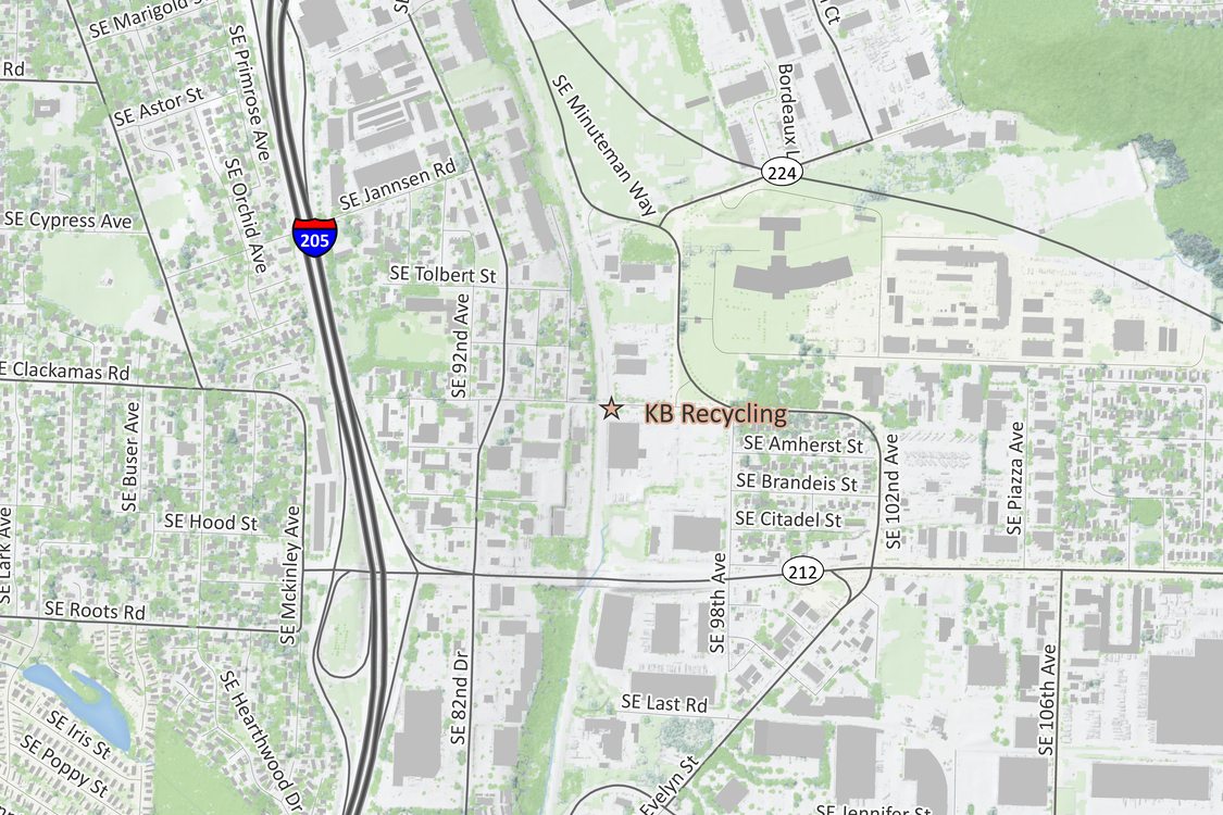 Location map for KB Recycling, showing facility location on map of Clackamas, Oregon