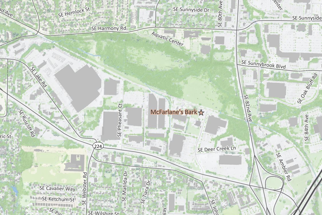 Location map for McFarlane's Bark, showing the facility location against a map of  Milwaukie, Oregon
