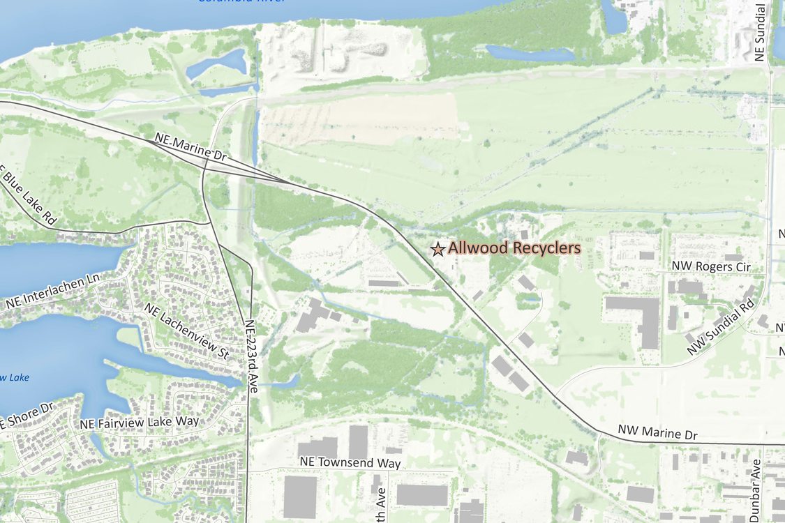 Location map for Allwood Recyclers, showing the facility location against a map of Fairview, Oregon