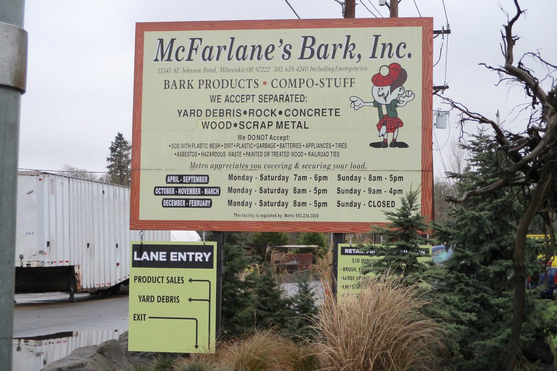 Exterior sign of McFarlane's Bark, Inc facility 
