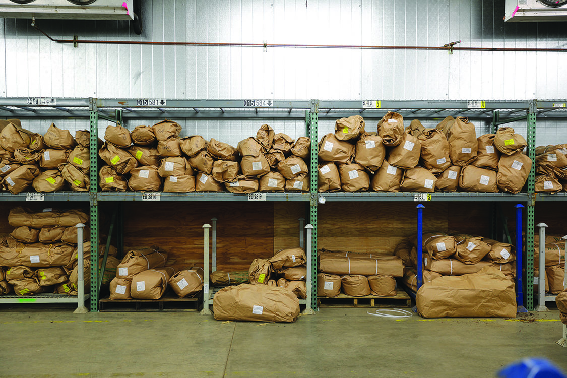 A large set of shelves holds many large brown bags.