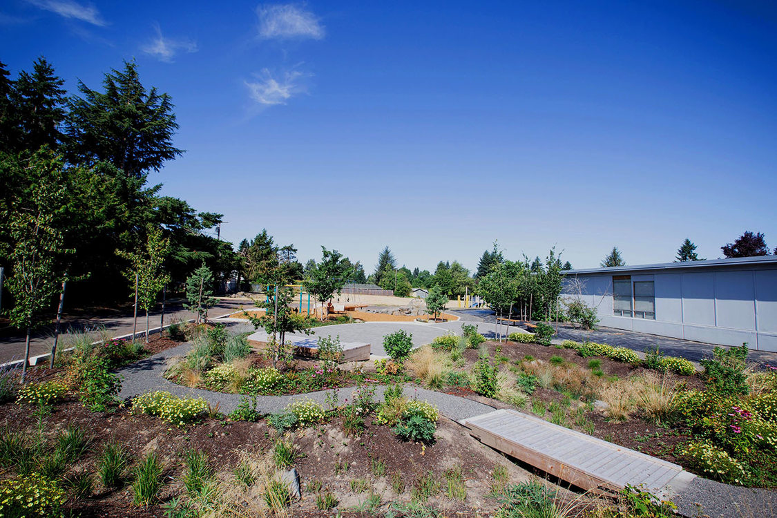 A gravel path runs through a garden filled with small bushes and trees behind a one-story school.