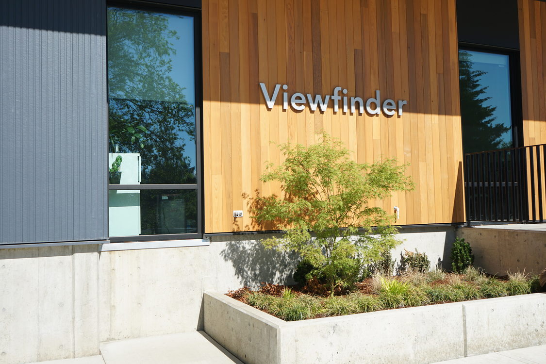 Viewfinder entrance sign on the outside of the building