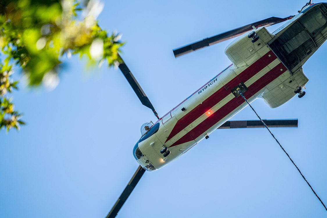 A helicopter photographed from below. The pilot is seen looking down the side of the helicopter through a bubble canopy. A long cable hangs from the middle of the helicopter.