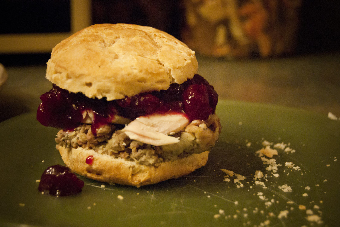 An image of a sandwich comprised of holiday leftovers