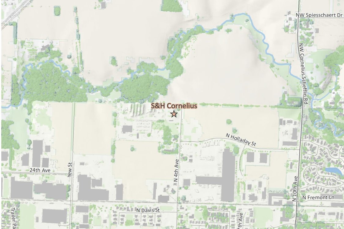 A map image focusing on S&H Cornelius solid waste facility 